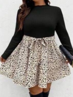 SHEIN Black Top with Cream Leopard-Print Mini Skirt One-Piece